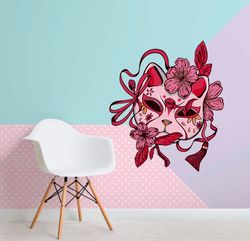 Kitsune Mask, Japanese Cherry Blossom Mask Wall Sticker Vinyl Decal Mural Art Decor Full Color Sticker