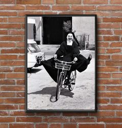 Vintage photo printable nun on bicycle, Vintage Photo Print, Black and White Photo, Photo Art Print, Wall Art, Funny Art