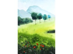 Meadow Painting Original Art Spring Mountain Landscape Watercolor Poppy Artwork 6" by 8" by D.Vyazmin
