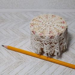 Dollhouse round table with knitted tablecloth in 1:12 scale
