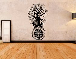Vegvisir Compass And Tree Yggdrasil, Germano Scandinavian Mythology Ancient Viking Wall Sticker Vinyl Decal Mural Art