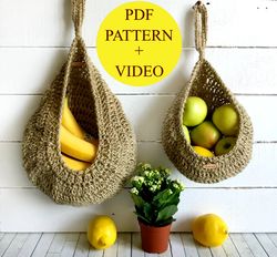 Crochet Baskets PDF Pattern Hanging Fruit Baskets Wall Decor Kitchen storage Sustainable Gift Crochet tutorial RV Decor