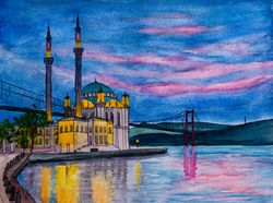 Ortakoy Mosque original watercolor painting Istanbul cityscape Bosphorus bridge artwork Turkey architecture wall art