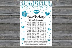 Blue glitter Birthday Word Search Game,Adult Birthday party game-fun games for her-Instant download