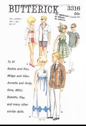 PDF Copy of Vintage Butterick 3316 Clothing Patterns for Barbie Dolls and Fashions Dolls size 11 1/2 inches