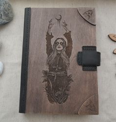 Book of shadows with Priestess.  Wooden cover grimoire. Spell book. Black magic Witch journal. Book of magic.