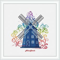 Cross stitch pattern Windmill Mill silhouette ornament Rainbow curls abstract bread counted crossstitch patterns PDF