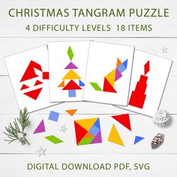 Christmas Tangram Board game for children DIY, Printable puzzle in PDF, SVG formats, baby puzzle, Homeschooling