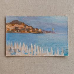 Original Seascape Landscape Gouache Painting, Still Life Sunset Small Tiny Miniature Watercolor Beach LighthouseWall Art
