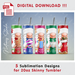 5 Cute Christmas Female Gnomes - Seamless Sublimation Patterns - 20oz SKINNY TUMBLER - Full Tumbler Wrap