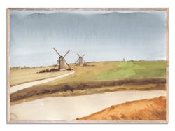 Windmill Art Print Farmhouse Watercolor Painting Village Field Minimalist Landscape Rustic Wall Art Beige Blue
