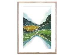 Scotland Landscape Watercolor Art Print Green Mountain Abstract Watercolor Painting Olive Green and Terracotta