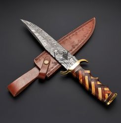 Mix Wood Handle Knife, Handmade Damascus Steel Hunting Knife With Leather Sheath