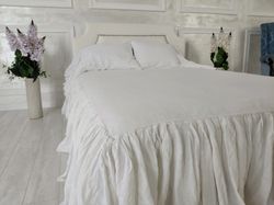 King size linen bedding,White bed skirt,Natural linen skirt,Frills to protect against dust,Linen cover, Linen bed skirt