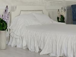 Queen size linen bedding,Linen skirt with slit,Linen bed skirt,King size linen bedding,White bed skirt,Natural linen