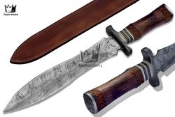 Handmade Damascus Steel 19 Inches Medieval Hunting Knife, Boning Knife, Bread Knife, Paring Knife With Leather Sheath