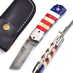 Hand Made Damascus Steel Blade Gorgeous Folding Hunting Knife AMERCIAN FLAG.