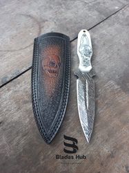 Damascus Hunting Knife, Dagger Knife, Bushcraft knife, Hand Forged Knife, Skull dagger, Anniversary Gift, Leather sheath