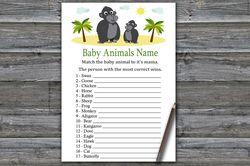 Gorilla Baby animals name game card,Jungle Baby shower games printable,Fun Baby Shower Activity,Instant Download-343