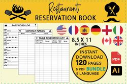 Printable Restaurant Reservation Book, Restaurant Table Reservation Sheet, table order list, Contact List, Password Log