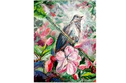 Nightingale Painting Bird Original Art Hibiscus Wall Art Rose Flower Artwork