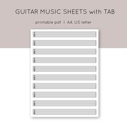 Printable guitar tab paper. Blank guitar tab printable. Guitar tablature paper. Blank guitar music sheet with TAB clef