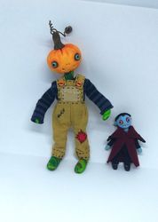 ooak pumpkin boy and vampire halloween dolls / miniature dollhouse artist made