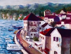 Original Art Seascape Landscape Sea Sun City Oil painting 11by 8 inch