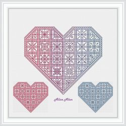 Blackwork Heart Sampler Ornament Geometric Snowflakes Silhouette Monochrome Panel counted cross stitch patterns PDF