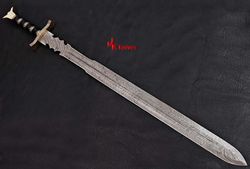 CUSTOM HANDMADE DAMASCUS STEEL HUNTING SWORDS WITH LEATHER SHEATH GIFT SWORDS MK223D