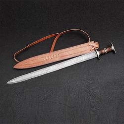 damascus steel swords custom handmade swords with leather sheath hunting swords gift swords mk3917m