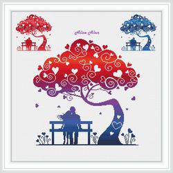 Cross stitch pattern Tree Lovers heart park bench silhouette monochrome blue red counted crossstitch patterns PDF
