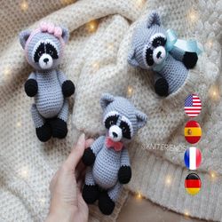 crochet pattern raccoon amigurumi, easy pattern amigurumi animal, pdf pattern raccoon, amigurumi forest animal