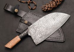 Handmade Damascus Serbian Cleaver with Buffalo Horn & Kao Handle with Leather Sheath- Gift for Him and Her, Birthday