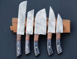 Personalised Damascus Chef's Knife Set of 5pcs with Leather Cover Custom Handmade-Best Kitchen Knives-Anniversary Gift