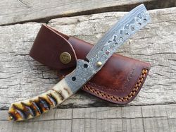 Beautiful Damascus Steel Handmade Folding Pocket Knife Himalayan Ram Horn Handle
