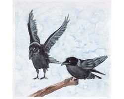 Two ravens original watercolor painting couple of crows raven bird wall art black birds artwork crow nursery wall decor