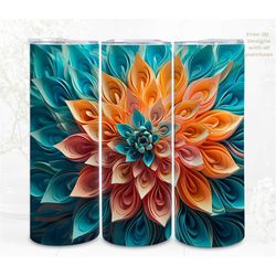 3D Flower Tumbler Wrap, Orange Blue Flower Digital Art, Sublimation, Straight Skinny 20 oz Tumbler Wrap, Instant Downloa