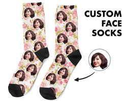 Floral Custom Face Socks, Personalized Photo, Floral Picture Socks, Flower Socks, Customized Funny Photo Gift For Her, H