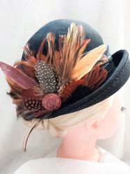 Copper and Brown Feather Hat decoration, Large feather brooch, Large feather hat decor, Feather hat pin, Feather hairpin