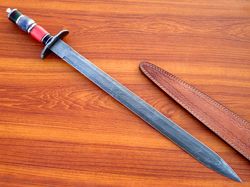 DAMASCUS STEEL DAGGER HUNTING SWORDS CUSTOM HANDMADE WITH LEATHER SHEATH OUTDOOR AND CAMPING SWORDS GIFT MK5399M