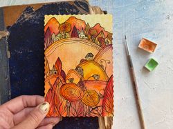 Orange forest painting Fall Mini Original art Watercolor landscape artwork by Rubinova