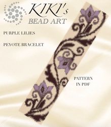 Purple lilies peyote bracelet pattern, Peyote pattern for bracelet in PDF instant download