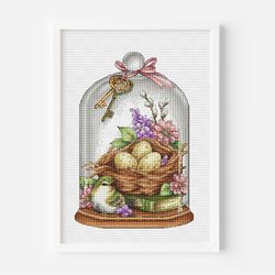 Easter Cross Stitch Pattern PDF, Bird Decor, Flowers Cross Stitch, Cute Nest Cross Stitch, Instant Download, Keys Stitch