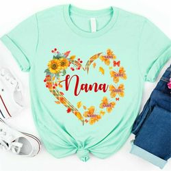 grandma shirt with grandkids names fall season thankful personalized shirt, sunflowers butterflies grandchildren, gift f