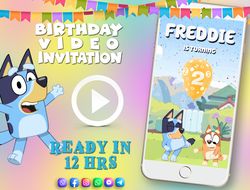bluey birthday video invitation for boy or girl, animated kid's birthday party invite