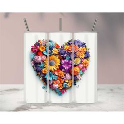 3D Colorful Heart Flowers Sublimation Tumbler Design Download PNG, 20 Oz Digital Tumbler Wrap PNG Download