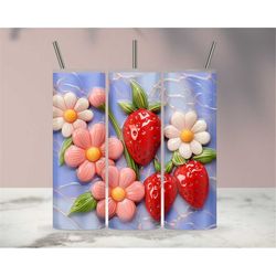 3D Inflated Strawberries Flowers Sublimation Tumbler Design Download PNG, 20 Oz Digital Tumbler Wrap PNG Download