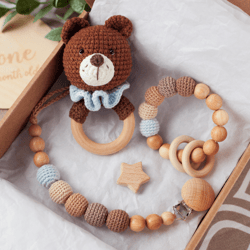 Newborn Baby Boy Gift Box: Bear Rattle Toy, Teething Ring, Pacifier Clip Holder
