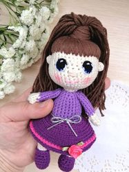 Crochet doll, Handmade doll, Doll in dress, Doll in purse, Doll with hair, Doll clothing, Doll in purple dress